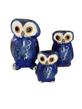 Hand Painted Blue Owl Figurine Set Of 3 Miniature Family Birds Folk Art